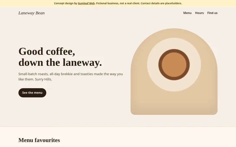 Concept homepage for a fictional café, showing a menu and opening hours