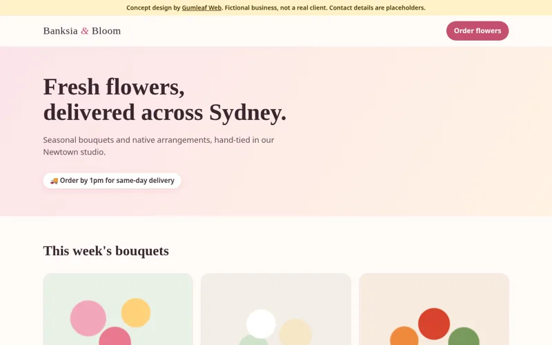 Concept homepage for a fictional florist, showing bouquets and an order button